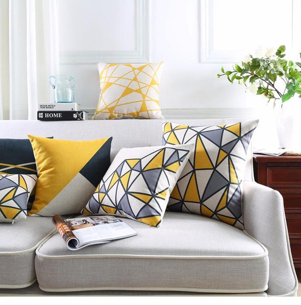 Yellow Geometric Decorative Cotton Linen Cushion Cover Grey Grid Printed Sofa Throw Pillow Car Chair Home Decor Pillow Case