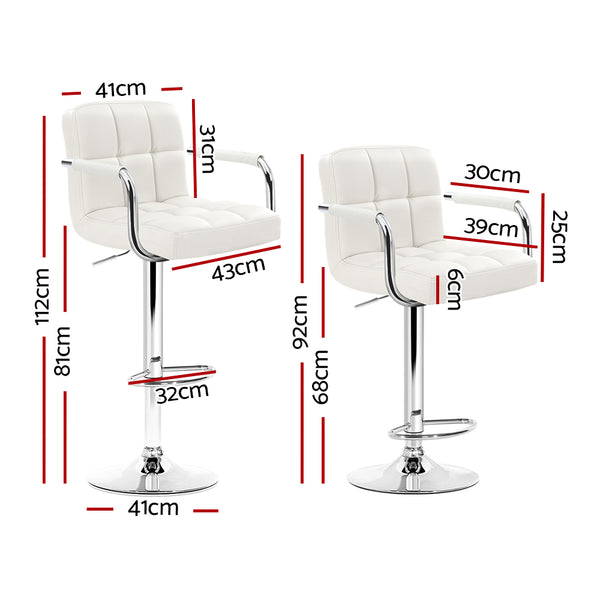 Artiss 2x Bar Stools Leather Gas Lift w/Armrest White