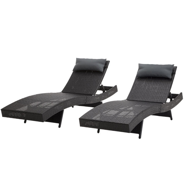 Gardeon 2PC Sun Lounge Wicker Lounger Outdoor Furniture Beach Chair Garden Adjustable Black