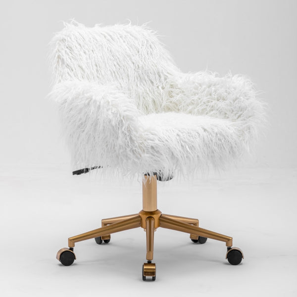 Fluffy Office Chair Faux Fur Modern Swivel Desk Chair for Women And Girls-White