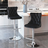 2x Height Adjustable Swivel Bar Stool Velvet Studs Barstool with Footrest and Chromed Base- Black