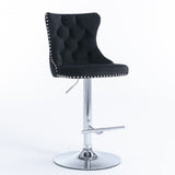 2x Height Adjustable Swivel Bar Stool Velvet Studs Barstool with Footrest and Chromed Base- Black