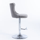 2x Height Adjustable Swivel Bar Stool Velvet Stud Barstool with Footrest and Chromed Base- Gray