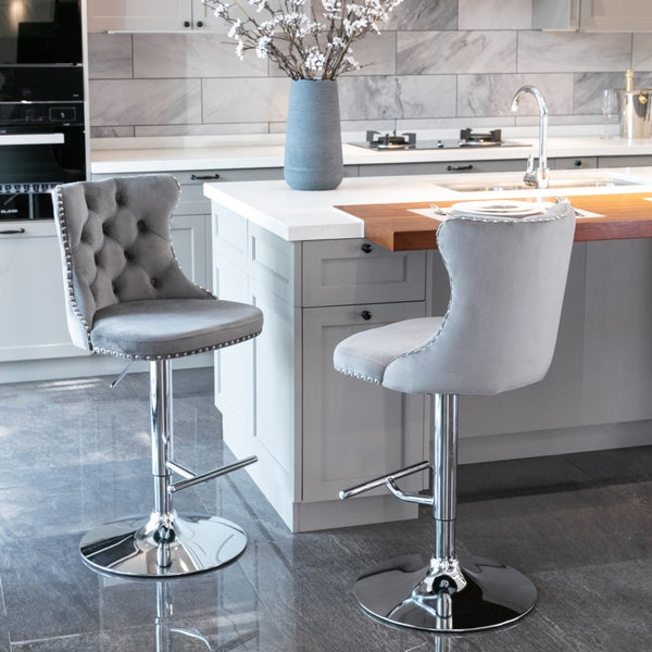 2x Height Adjustable Swivel Bar Stool Velvet Stud Barstool with Footrest and Chromed Base- Gray