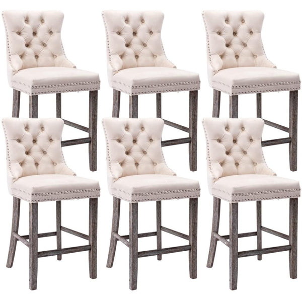 6X Velvet Bar Stools with Studs Trim Wooden Legs Tufted Dining Chairs Kitchen