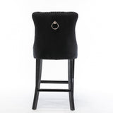 4X Velvet Bar Stools with Studs Trim Wooden Legs Tufted Dining Chairs Kitchen