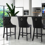 6X Velvet Bar Stools with Studs Trim Wooden Legs Tufted Dining Chairs Kitchen