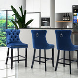 2X Velvet Bar Stools with Studs Trim Wooden Legs Tufted Dining Chairs Kitchen