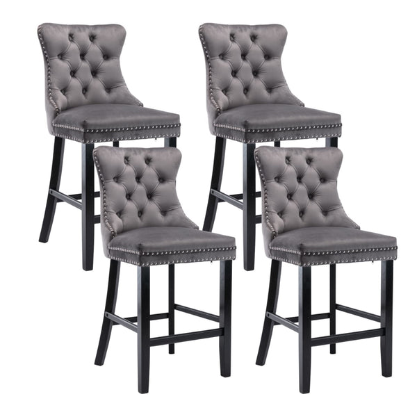 4X Velvet Bar Stools with Studs Trim Wooden Legs Tufted Dining Chairs Kitchen