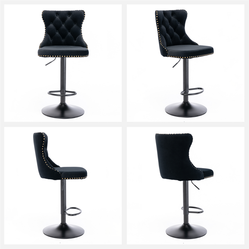 4x Height Adjustable Swivel Bar Stool Velvet Nailhead Barstool with Footrest