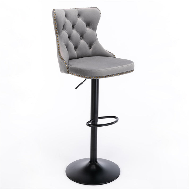 2x Height Adjustable Swivel Bar Stool Velvet Nailhead Barstool with Footrest