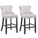 4x Velvet Upholstered Button Tufted Bar Stools with Wood Legs and Studs-Beige