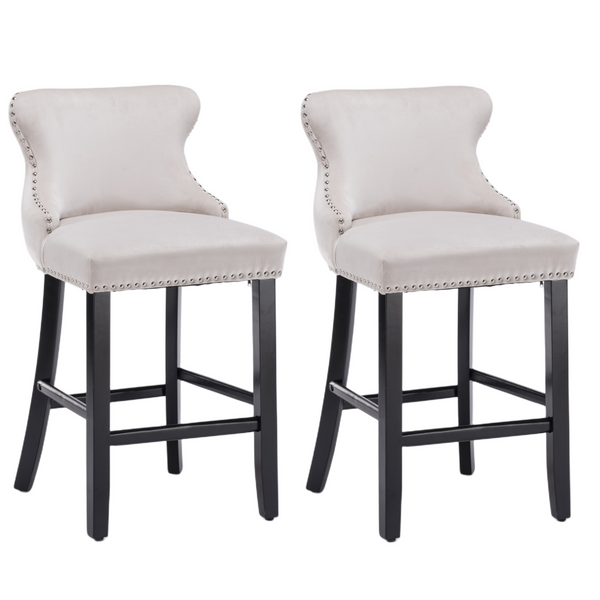 4x Velvet Upholstered Button Tufted Bar Stools with Wood Legs and Studs-Beige