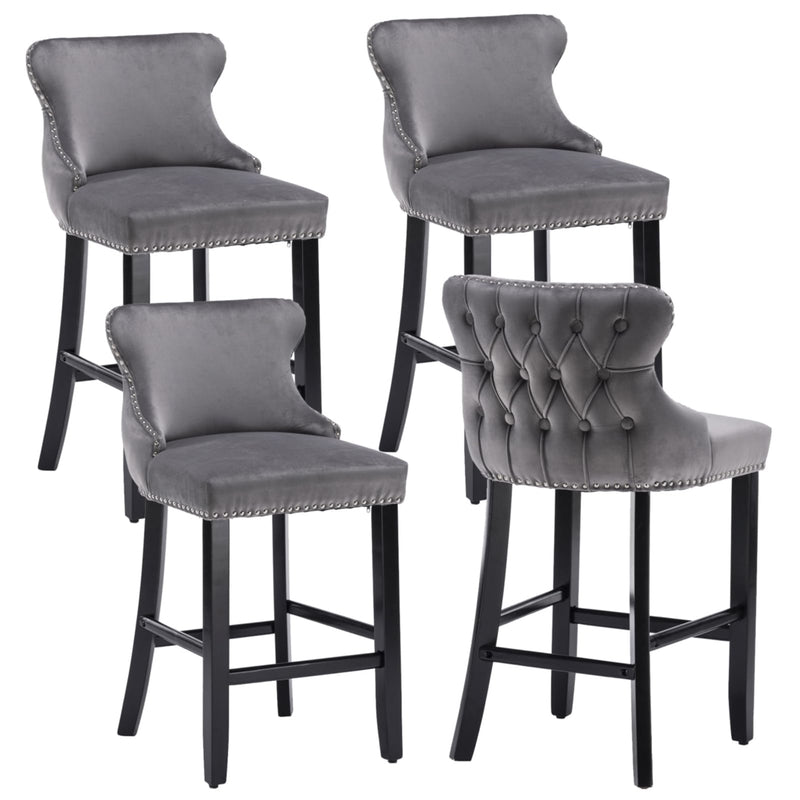 4x Velvet Upholstered Button Tufted Bar Stools with Wood Legs and Studs-Grey