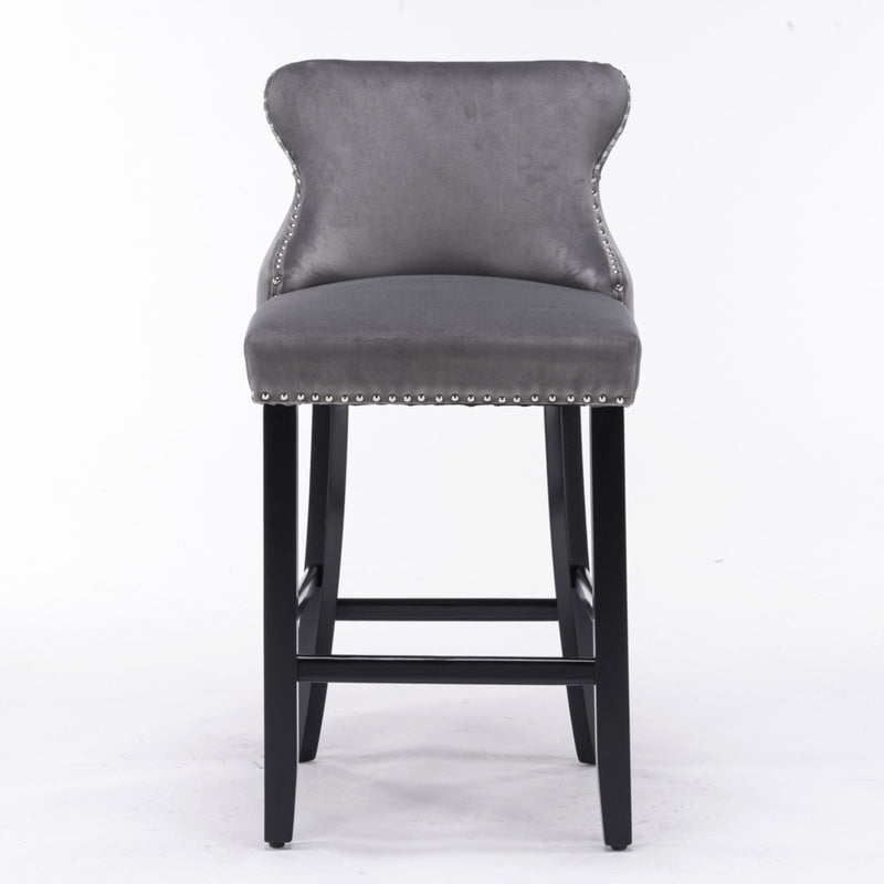 4x Velvet Upholstered Button Tufted Bar Stools with Wood Legs and Studs-Grey