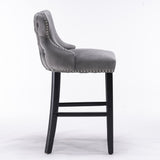 4x Velvet Upholstered Button Tufted Bar Stools with Wood Legs and Studs-Grey