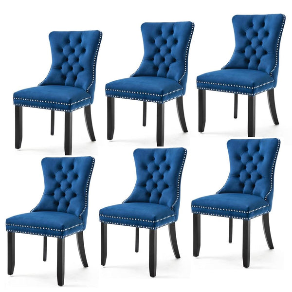 6x Velvet Dining Chairs Upholstered Tufted Kitchen Chair with Solid Wood Legs Stud Trim and Ring-Blue