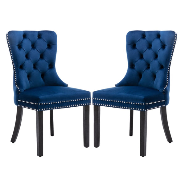 6x Velvet Dining Chairs Upholstered Tufted Kitchen Chair with Solid Wood Legs Stud Trim and Ring-Blue