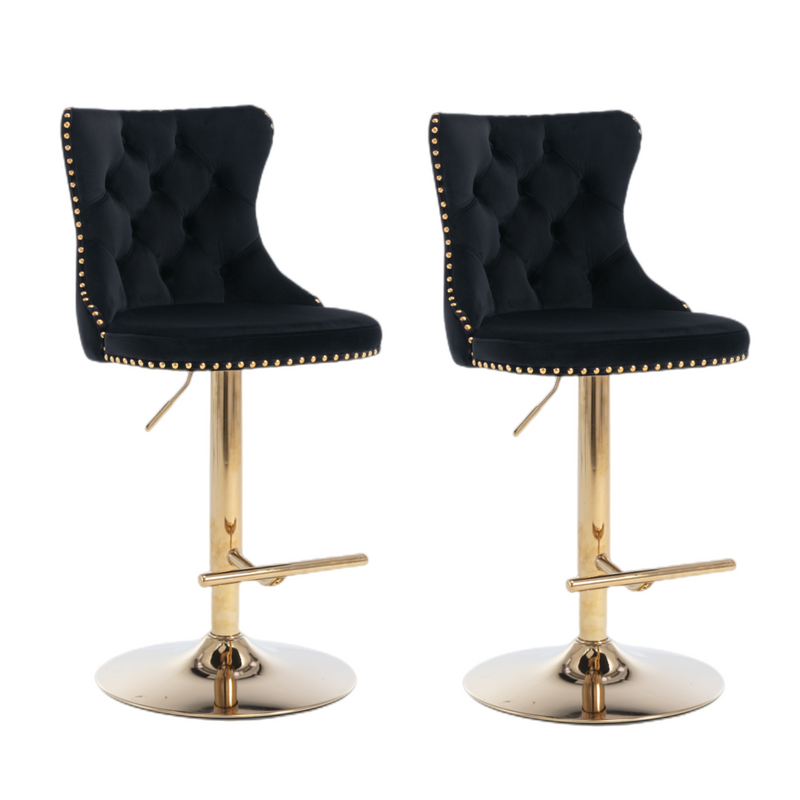 4x Height Adjustable Swivel Bar Stool Velvet Studs Barstool with Footrest and Golden Base- Black