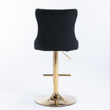 2x Height Adjustable Swivel Bar Stool Velvet Studs Barstool with Footrest and Golden Base- Black