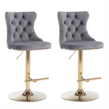 4x Height Adjustable Swivel Bar Stool Velvet Studs Barstool with Footrest and Golden Base- Grey