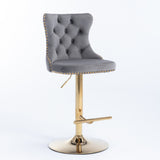 4x Height Adjustable Swivel Bar Stool Velvet Studs Barstool with Footrest and Golden Base- Grey