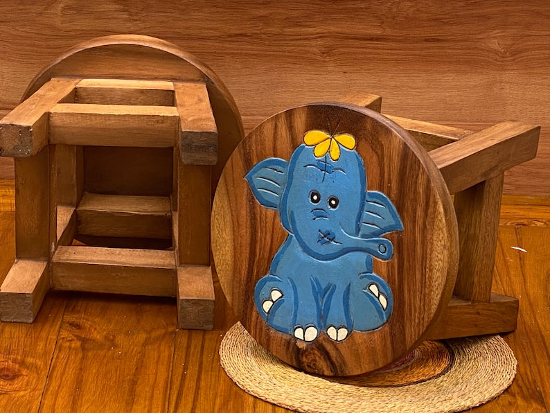 Children's Wooden Stool Blue Baby ELEPHANT Themed Chair Toddlers Step sitting Stool