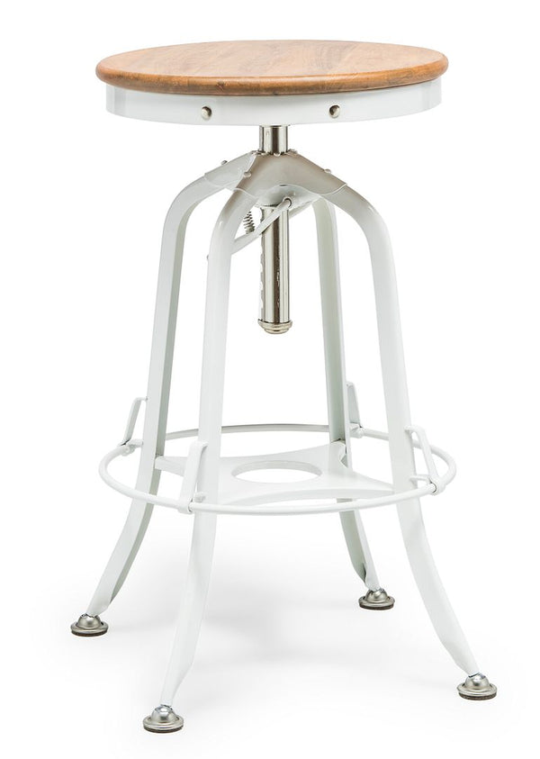 White Bar Stool Hamptons Style Height Adjustable and Swivel with Natural Wood Top